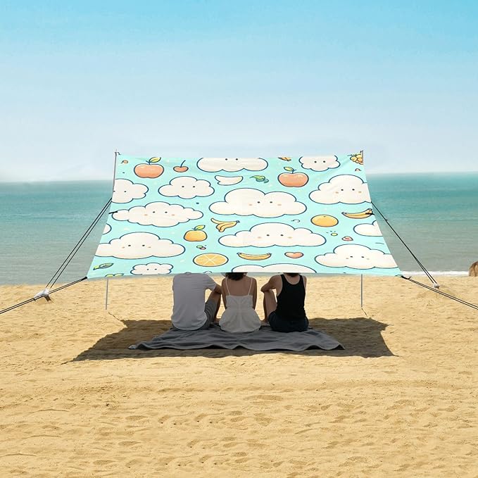 Cartoon Clouds Simple Strokes of Fruits Seamless Image Camping Sun Shelter Beach Tent Portable Beach Sun Shade Outdoor Canopy for Camping Trips Fishing Picnic