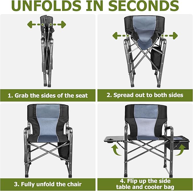 Camping Directors Chairs for Adults Heavy Duty with Table and Cooler Bag Oversized Portable Folding Chair for Beach Fishing Trip Picnic(Breathable Comfort Cushion Black)