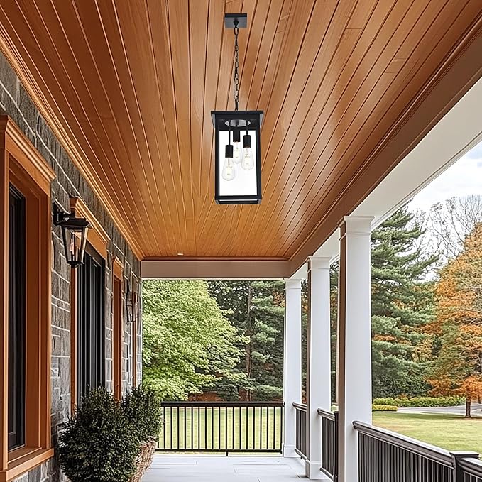 3-Lights Large Outdoor Pendant Light with Clear Glass Exterior Hanging Lantern Matte Black Height Adjustable Hanging Light Fixture for Porch Patio Damp Locations E26 Base