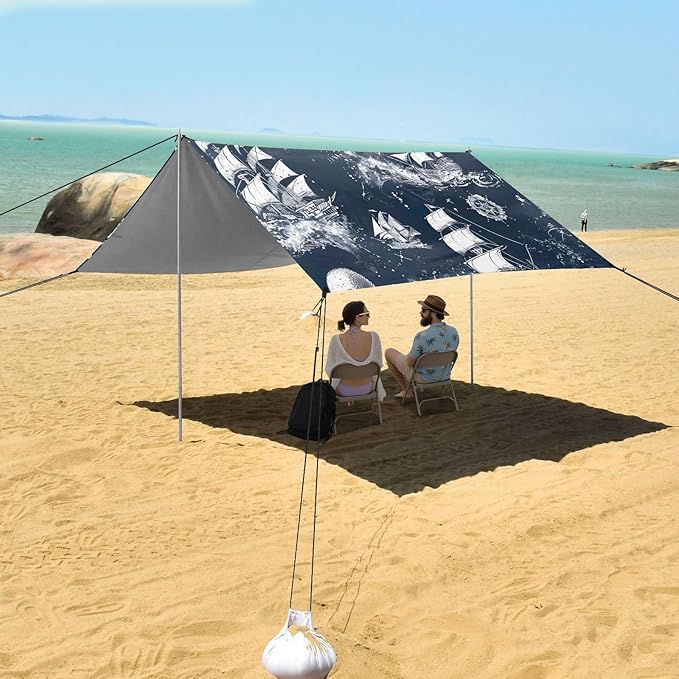 Vintage Nautical Theme Beach Tent Sun Shelter 9.2' x 10.5' Beach Canopy with 4 Sandbags 4 Stability Poles Sand Shovels - Tent Canopy for Beach Camping Fishing Picnics
