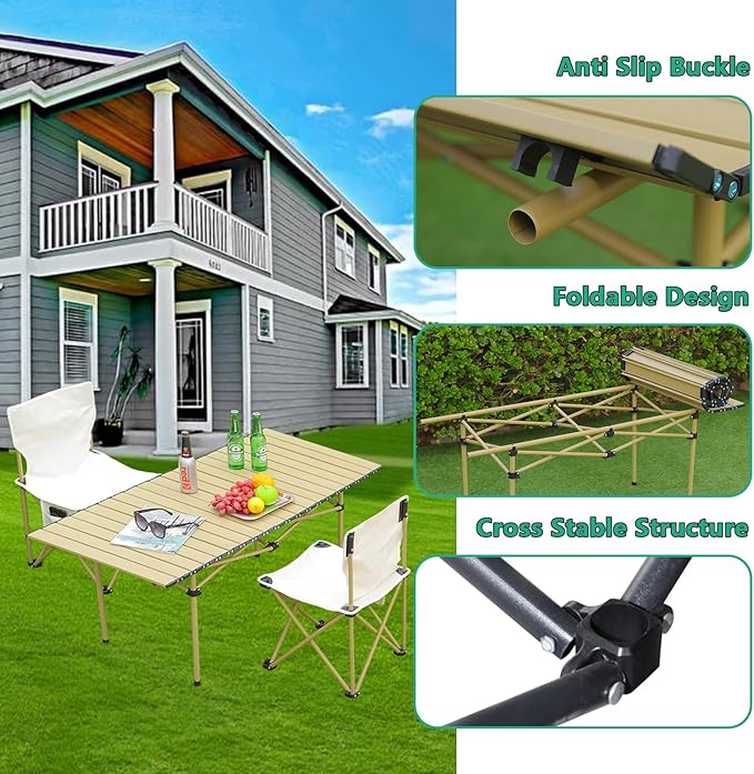 Portable Folding Camping Table Roll-Up Aluminum Table with Carry Bag Compact and Lightweight Design for Beach Travel and Outdoor Cooking Light Yellow 50×53×50cm/19.7×20.9×19.7in