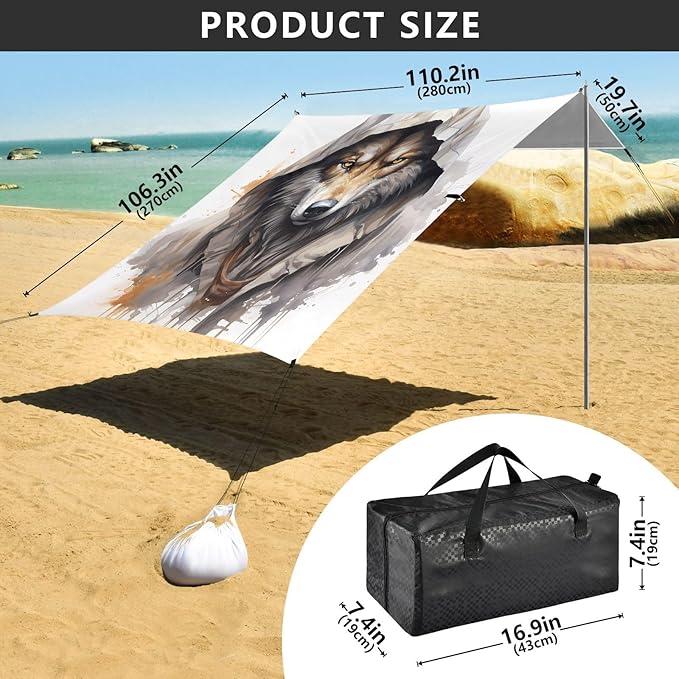 Beach Tent Sun Shelter Cool Gray Wolf Lightweight &amp Easy Setup Beach Shade Canopy for Camping Fishing