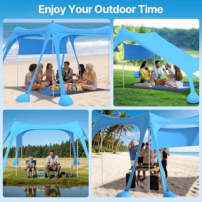 Suteck Beach Tent Sun Shelter with Sidewall Easy Set Up 10x10ft Beach Canopy Outdoor Sun Shade with UPF 50+UV Protection 8 Sandbags 4 Stability Poles for Camping Fishing or Picnics