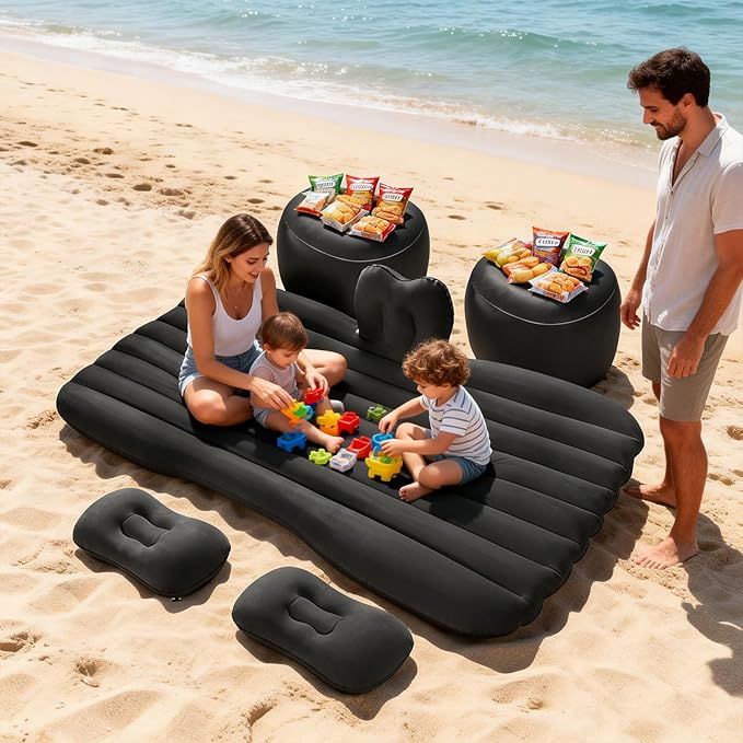 Thickened Inflatable Car Bed Air Mattress with Safety Side Wedge/Built-in Air Pump &amp 2 Pillows/Back Seat Camping Sleeping Pad for SUVs and Sedans/Portable Foldable Airbed for Travel/Black