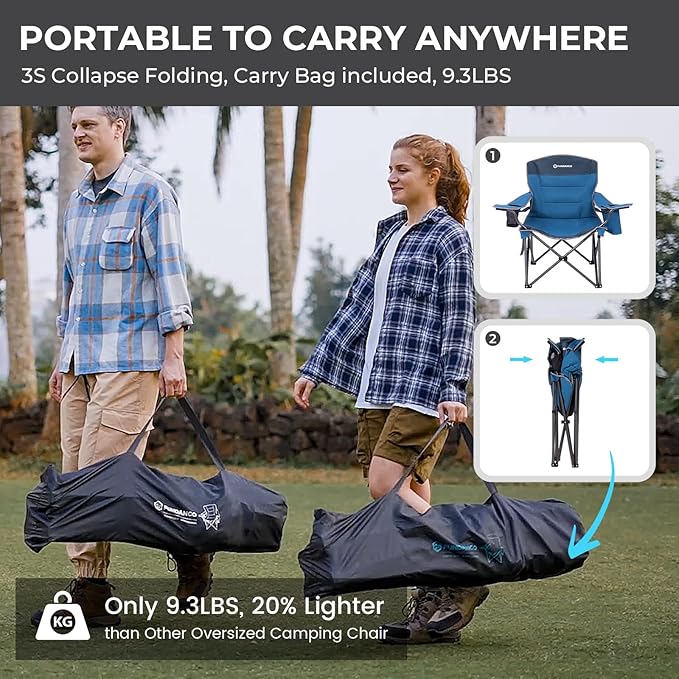 FUNDANGO Oversized Camping Chairs for Adults Heavy Duty Fold Up Sports Games Lawn Chairs Extra Wide Big Man Outdoor Chairs with Padded Lumbar Support Backrest Bag Included for Camp Beach 2 Pack