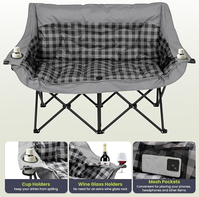 DoCred Double Camping Chair - Oversized Loveseat Padded Camp Chair 2 Person Camping Chairs for Adults Heavy DutyTwo Person Folding Chairs with Cup Holder for Outside Picnic Beach Travel