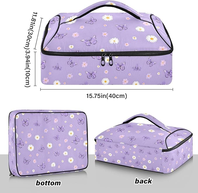 Casserole Carrier Cute Pattern Purple ButterfliesInsulated Casserole Carrier for Hot or Cold Food Thermal Lunch Tote for Potluck Parties Picnic Beach Fits 9 x 13 Inches Baking Dish