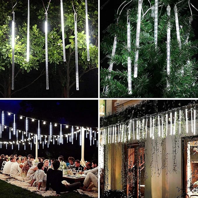 QITONG Meteor Shower Rain Lights Outdoor Falling Rain Snowfall Light 12 inch 8 Tubes 192 LED Cascading Lights for Tree Wedding Party (White)
