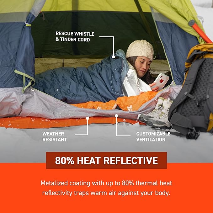 S.O.L. Survive Outdoors Longer SOL Thermal Bivvy w/Rescue Whistle - Reflects up to 80% Body Heat - Waterproof Emergency Blanket for Survival Gear - Silver