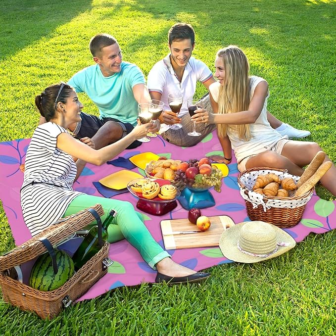 Waterproof Sandproof Beach Blanket 59''×68'' Fig Leaves Polyester Outdoor Picnic Blanket with 4 Stakes &amp Storage Bag for BeachCampingVacation Pink