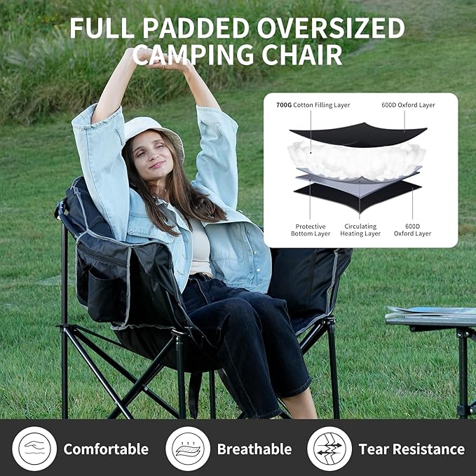 2 Pack Oversized Heated Camping Chair 3 Heating Levels Soft Padded Camp Chairs with Pillow and Storage Bag Portable Folding Outdoor Heated Moon Chair for Lawn Patio Beach and Picnics Black