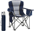 HIGH POINT SPORTS Oversized Portable Folding Camping Chair Blue 450 LBS Support Sports Lawn Chair with Cup Holder and Cooler Bag