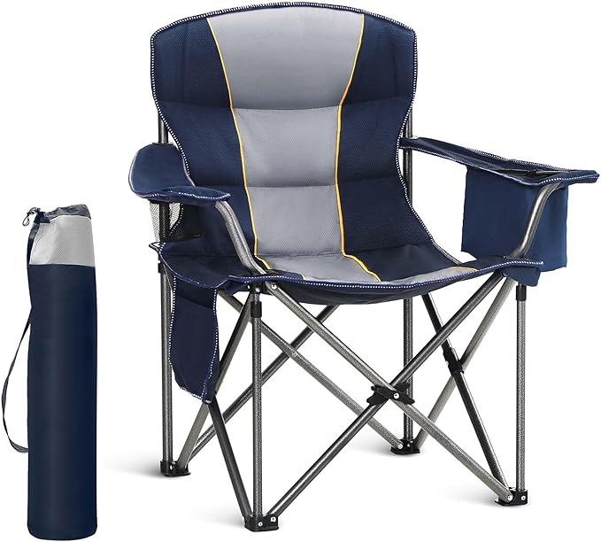 HIGH POINT SPORTS Oversized Portable Folding Camping Chair Blue 450 LBS Support Sports Lawn Chair with Cup Holder and Cooler Bag