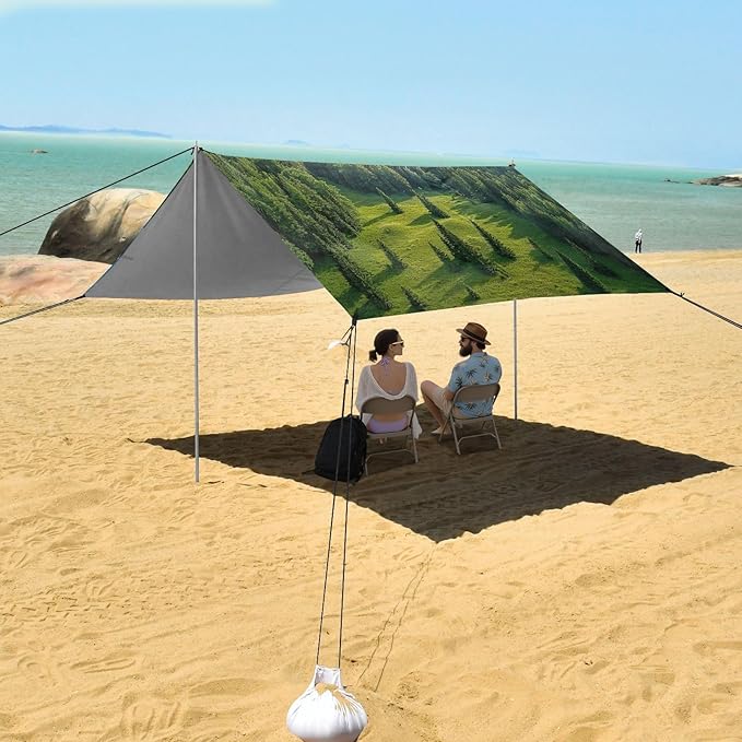 Forest Landscape Pattern Beach Tent Sun Shelter 9.2' x 10.5' Beach Canopy with 4 Sandbags 4 Stability Poles Sand Shovels - Tent Canopy for Beach Camping Fishing Picnics