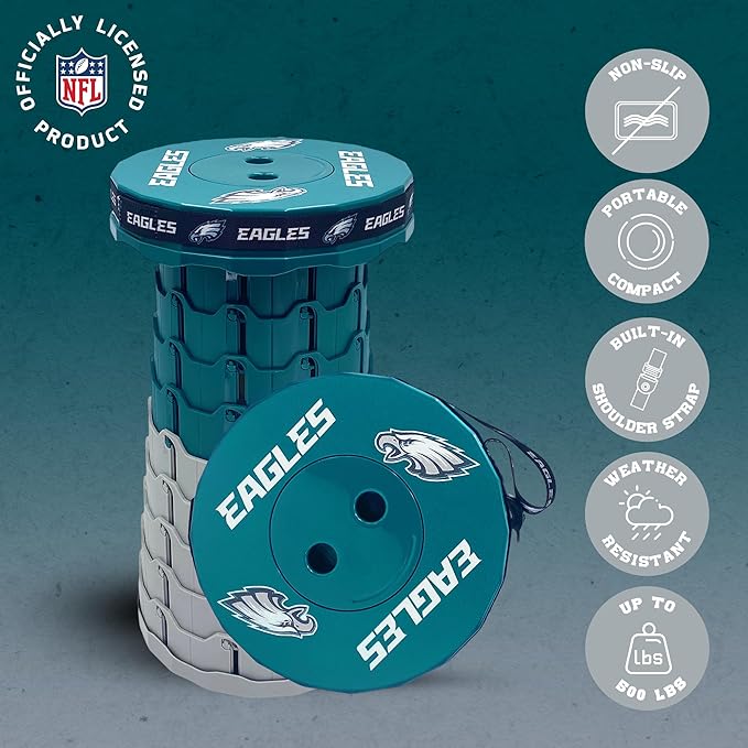 Sporticulture NFL Philadelphia Eagles Telescoping Collapsible Stool 500lbs Max Weight Portable Adjustable Height Folding Camping Stool with Carry Strap Retractable Stadium Have A Seat Outdoor Sports