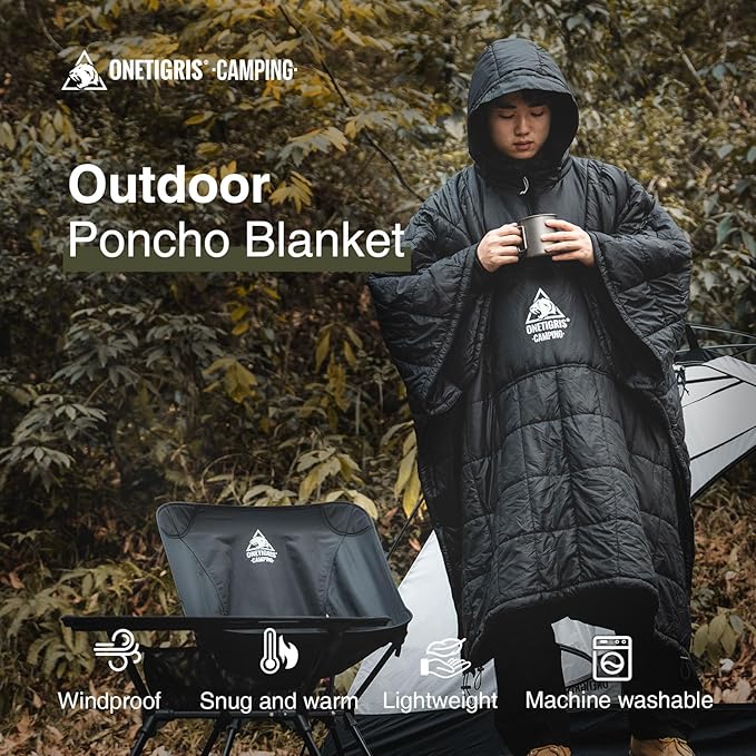 ONETIGRIS Camping Blanket Poncho with with Recycled Synthetic InsulationWearable Hoodie Blanket | Ultralight Water-Resistant Warm Camping Blanket for Outdoor Hiking Stadium