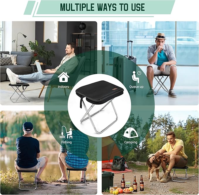 Portable Stool 13 Inch Small Folding Stool for Adults 300LBS Capacity Aluminum Alloy Folding Portable Fishing Collapsible Chair for Camping Black