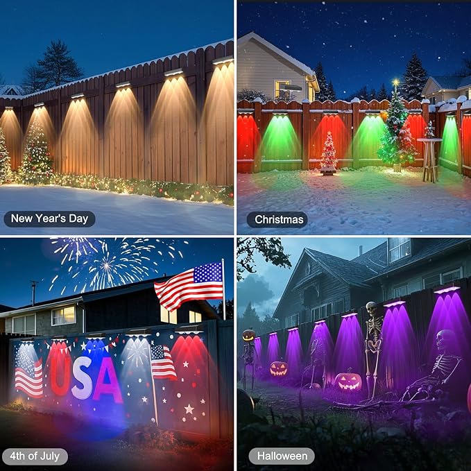 INDARUN Solar Fence Lights Outdoor 12 Pack Warm White &amp Cool White &amp RGB Color Changing Fence Lights with 3 Lens LEDs &amp 12 Modes IP65 Waterproof for Patio Porch Backyard Decor