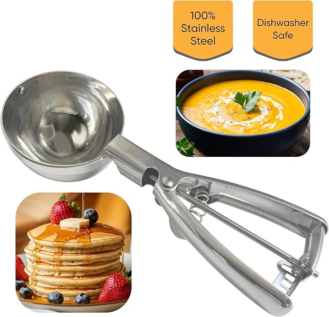 ProScoop Exterior Sweeper No Drips Multipurpose Scooper 2/3 cup capacity 100% Stainless Steel used for Baking and Cooking Comfortable Grip with Trigger Release.