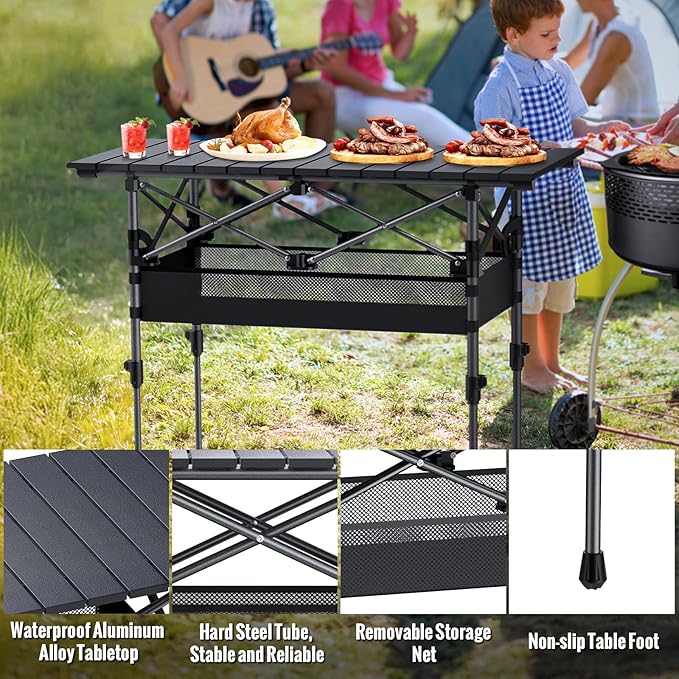 GARLLEN Folding Camping Table 2-Height Adjustable Portable Roll-up Camping Table with Storage Net Lightweight Aluminum Picnic Table with Carrying Bag for Cooking BBQ Outdoor 32.2 L x 15.7 W