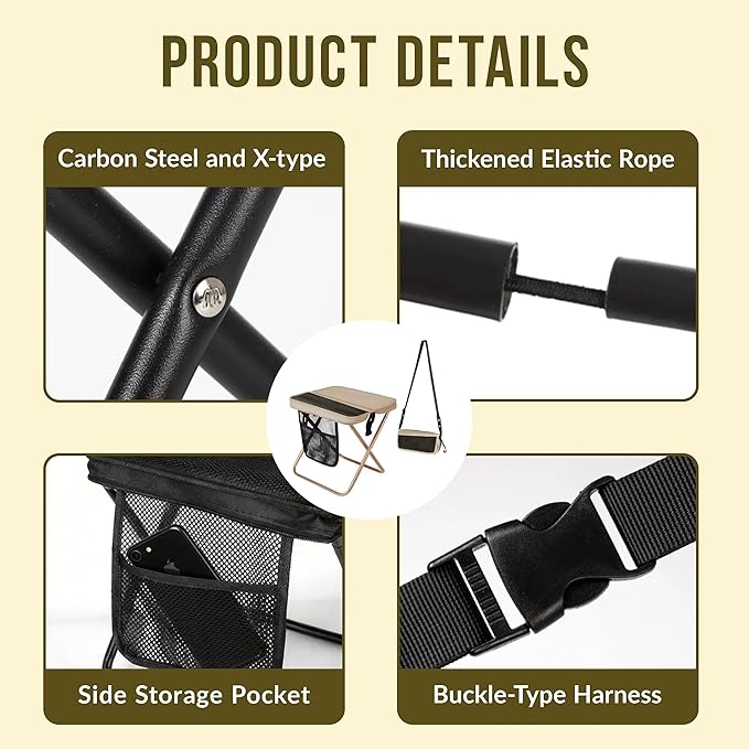 Portable Collapsible Stool - Folding Chair with Storage Pouch Convertible Satchel for Hands-Free Carry &amp Supports 265Lbs Ultralight for Hiking Fishing Camping Festivals (Khaki)
