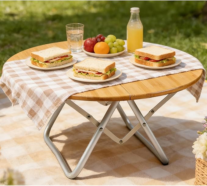 Bamboo Round Folding Table - Portable Low Camping Table for Indoor &amp Outdoor Picnic Barbecue Beach Party Half-Fold Design