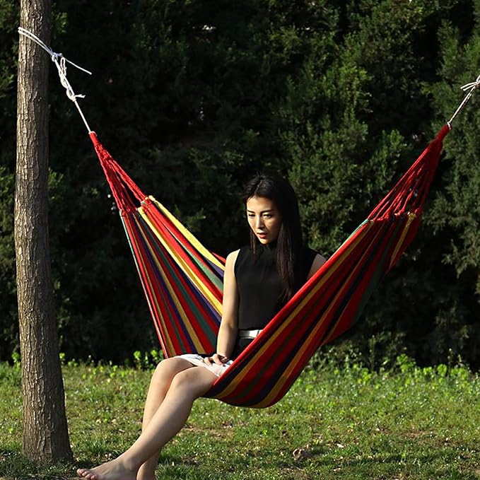 Cabilock Camping Travel Single Canvas Hammock 200x100cm Portable Outdoor Leisure Swing Hammock for Hiking Backpacking with Red Striped Widen Design