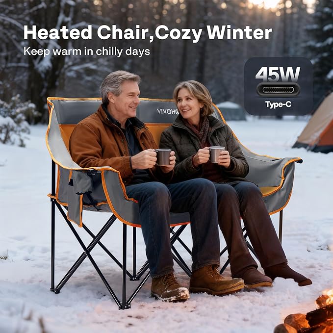 VIVOHOME 45W Padded Heating Double Camping Chair with 2 x 27000mAh Power Bank Heated Oversized Portable Loveseat for Outdoor Sports 3 Levels of Heat Overheat Protection System Orange and Gray