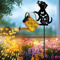 Solar Lights Outdoor Decorative Watering Can with Cascading Lights with Dog Silhouette Garden Stakes Gifts for Mom Women Waterproof Metal Garden Decor for Yard Art Outside(1 Pack)