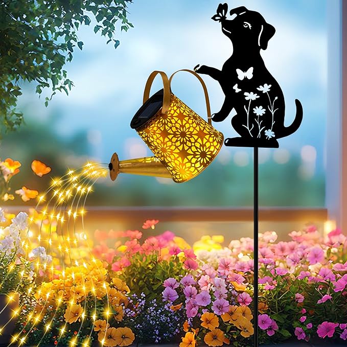Solar Lights Outdoor Decorative Watering Can with Cascading Lights with Dog Silhouette Garden Stakes Gifts for Mom Women Waterproof Metal Garden Decor for Yard Art Outside(1 Pack)