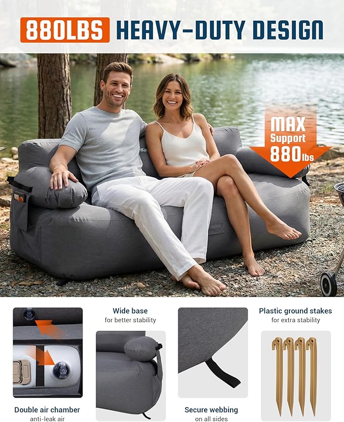 KingCamp Double Camping Inflatable Couch with Built-in Electric Pump 880LB Heavy Duty Outdoor Loveseat Air Sofa 600D Cationic Fabric Dual-Layer 2 Person Inflatable Sofa for Camp Backyard RV Patio