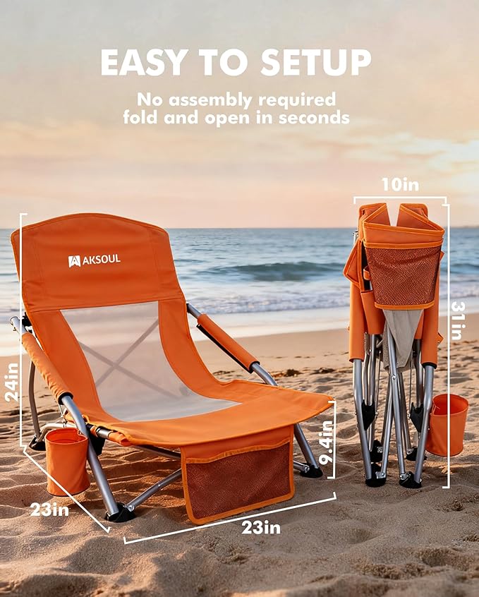 AKSOUL Folding Beach Chair for Adults: Low/High Back Chairs with Carry Bag - Extra Wide Seat Chair with Comfortable Pillow &amp Storage Pocket (1 Pack &amp 2 Pack Blue)