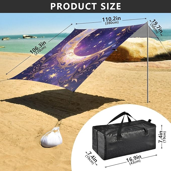 Bolaz Beach Canopy Tent Sun Shade9'×10.5' Large Family Beach Shade UPF50+- Outdoor Shade for Camping Trips FishingMoon Gem Leaves