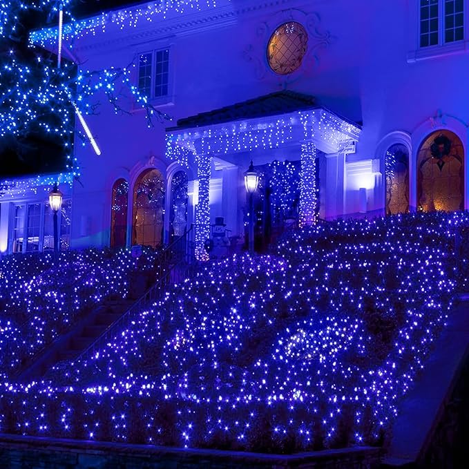 Blue Christmas Net Lights Outdoor 5ft x 6ft Connectable 120Led 8 Modes Waterproof Black Wire 29V Plug in Mesh Net Christmas Lights for Garden Yard Bushes Trunk Xmas Tree Decor (Blue)