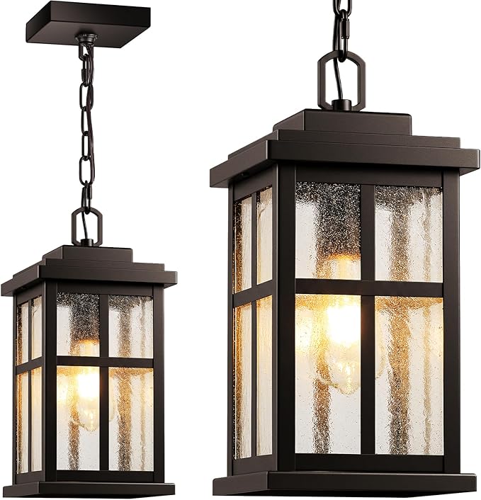 VIANIS Large Outdoor Pendant Lights for Porch Oil Rubbed Bronze Farmhouse Hanging Porch Lights Outdoor with Tempered Glass Anti-Rust Waterproof Exterior Chandelier for Patio with Adjustable Chain