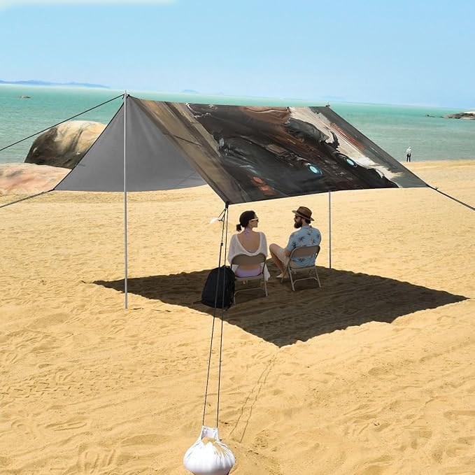 ALAZA Cute Cyberpunk Monkey Beach Tent Sun Shelter UPF50+ Protection Beach Shade Canopy w/ 4 Sandbags for Outdoor Camping Fishing Backyard Fun Picnic 10x9 ft