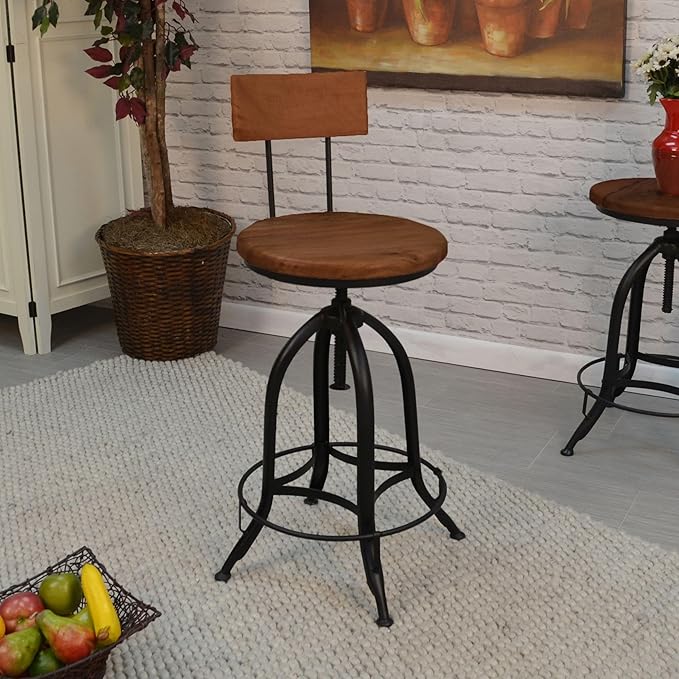 Carolina Chair &amp Table Ryder Adjustable Round Bar Stool - Powder Coated Metal Frame Solid Wood Seat Swivel Stool - Rustic Furniture for Counter Dining Room Kitchen (Chestnut/Black Curved Back)