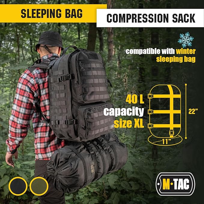 M-Tac Compression Stuff Sack + 40 Inch Bungee Cords (Set of 2) – Military Waterproof Compression Bag with Elastic Ropes and Durable Metal Hooks for Sleeping Bag Travel Camping Hiking Outdoor Gear
