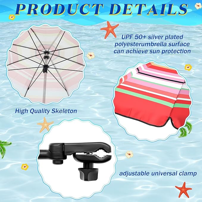 Buryeah 2 Pcs Automatic Chair Umbrella with Universal Clamp 44 UPF 50+ Portable Clamp on Beach Chair Adjustable Wheelchair Umbrella for Outdoor Patio Parasol