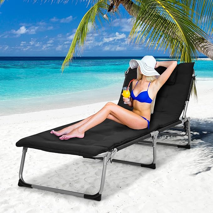 GYMAX Camping Cot 27” Lounge Chair Outdoor w/Mattress Headrest Side Pocket &amp Carry Strap 3 in 1 Folding Layout Tanning Lounger Portable Sleeping Bed for Adults Lawn Beach (2 Black)