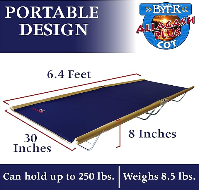 BYER OF MAINE Allagash Plus Cot 76 L X 30 W X 8 H Lightweight Cot Extra Wide Camping Cots Adult Holds up to 250lbs Single Portable Camping Cot