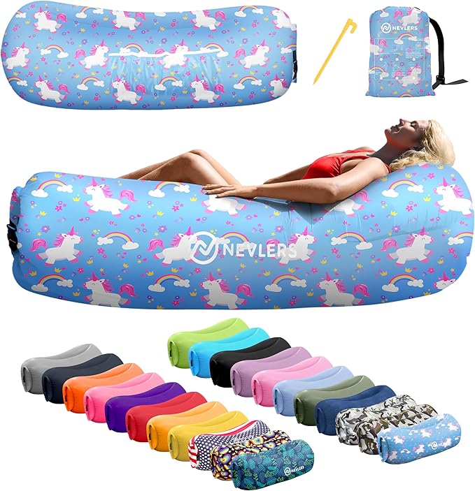 Nevlers Inflatable Lounger – Unicorn | 210T Polyester No-Pump Blow Up Couch Air Lounger | Portable Inflatable Couch for Camping Beach Festivals &amp More | 450 Lbs. Cap Air Chair w/Pockets &amp Ca