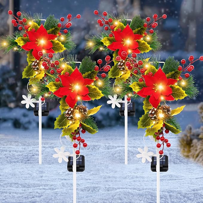 Solar Christmas Decorations Outdoor 4 Pack 32 Inch Solar Christmas Cross Stake Lights Waterproof Grave Decorations with Poinsettia Flower Pinecones Red Berries for Garden Yard Patio Lawn Cemetery