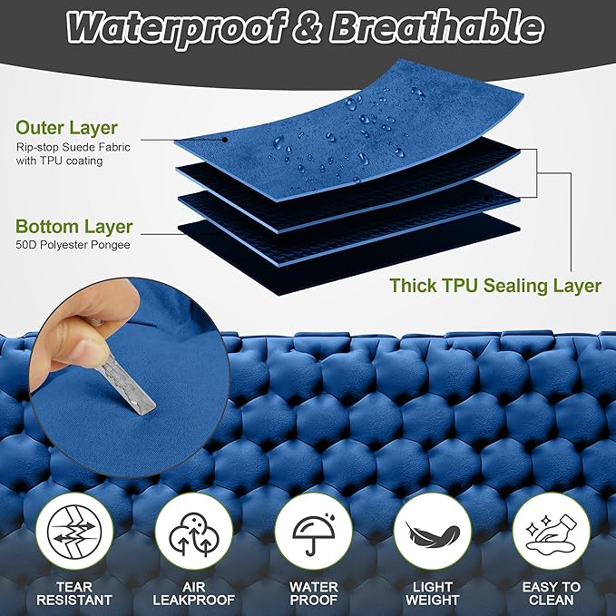 HiiPeak Double Sleeping Pad for Camping - Ultralight Camping Mattress with Pillow Built-in Foot Pump Compact Inflatable 2-Person Portable Mat for Backpacking Hiking Car Traveling Beach Tent