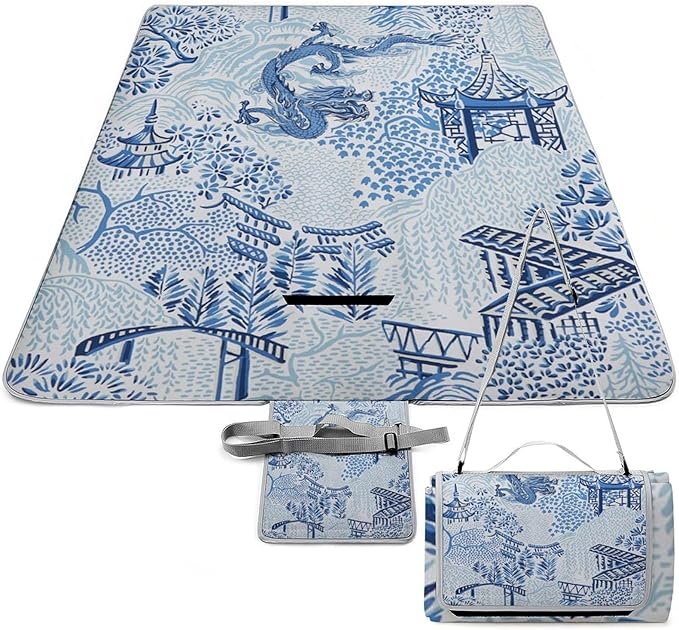 Blue and White Chinese Folk Chinoiserie Style Waterproof Outdoor Picnic Blanket Sandproof Beach Mat for Camping Hiking Grass Travelling