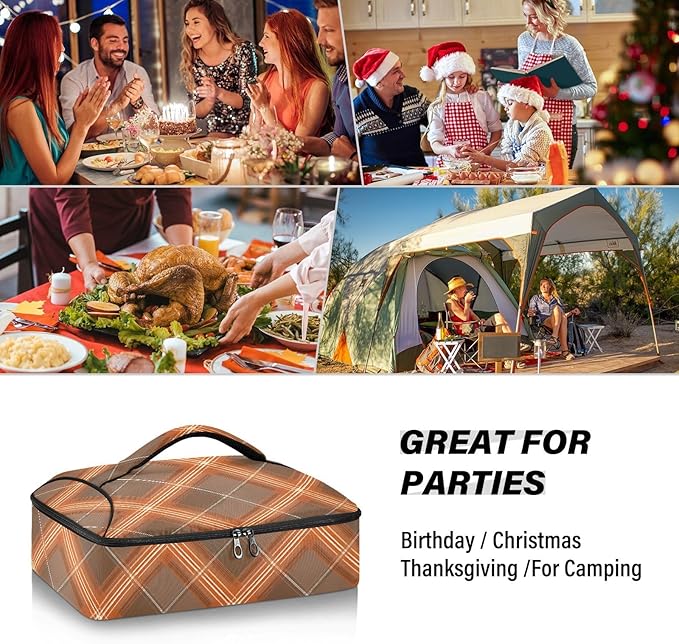 Casserole Carrier Brown Orange Tartan Insulated Casserole Carrier for Hot or Cold Food Thermal Lunch Tote for Parties Picnic Travel Carry Bag