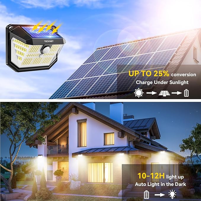 TECKNET 231 LED Motion Sensor Outdoor Lights 6 Pack 300° Solar Security Wall Lights 3 Lighting Modes IP65 Waterproof PIR Motion Sensor for Outside Fence Garden Yard Deck Garage - Warm White