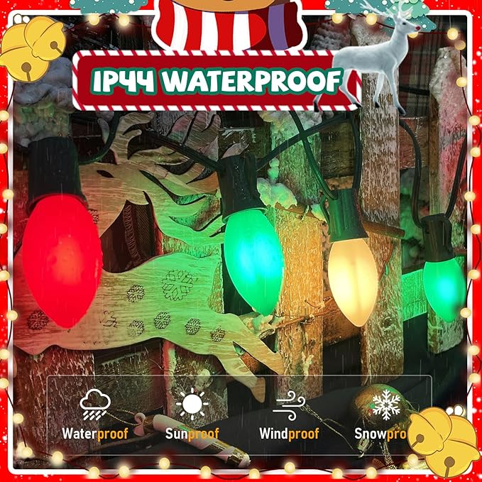 25FT Red Green White Christmas LightsVintage C9 LED Christmas Light with 26 Shatterproof Plastic BulbsConnectable Multicolor Outdoor Lights for Christmas Tree GardensParty Holiday