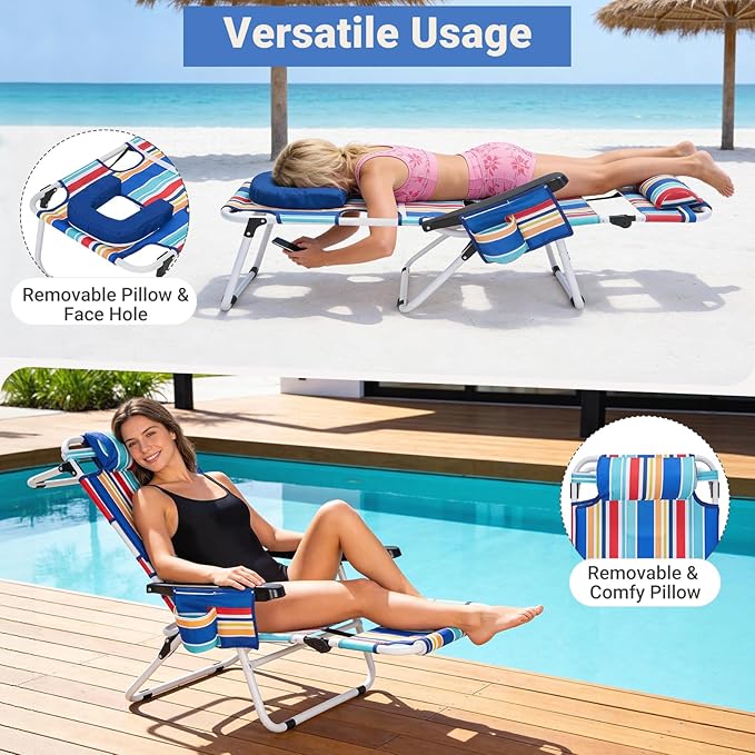 3 N 1 Beach Chair w/ Face Cushion &amp Arm Holes Lightweight Lawn Reclining Lounge Chair w/ Adjustable Backrest &amp Footrest5 Position Folding Chair for Outdoor Patio Backyard 440lb Weight Capa