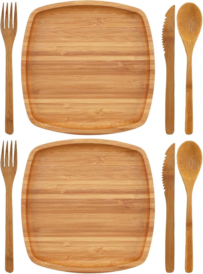 BambooMN Camping Mess Kit Lightweight Organic 8 x 8 Bamboo Plates Forks Knifes and Spoons for Camping Hiking or Backpacking - 10 Sets